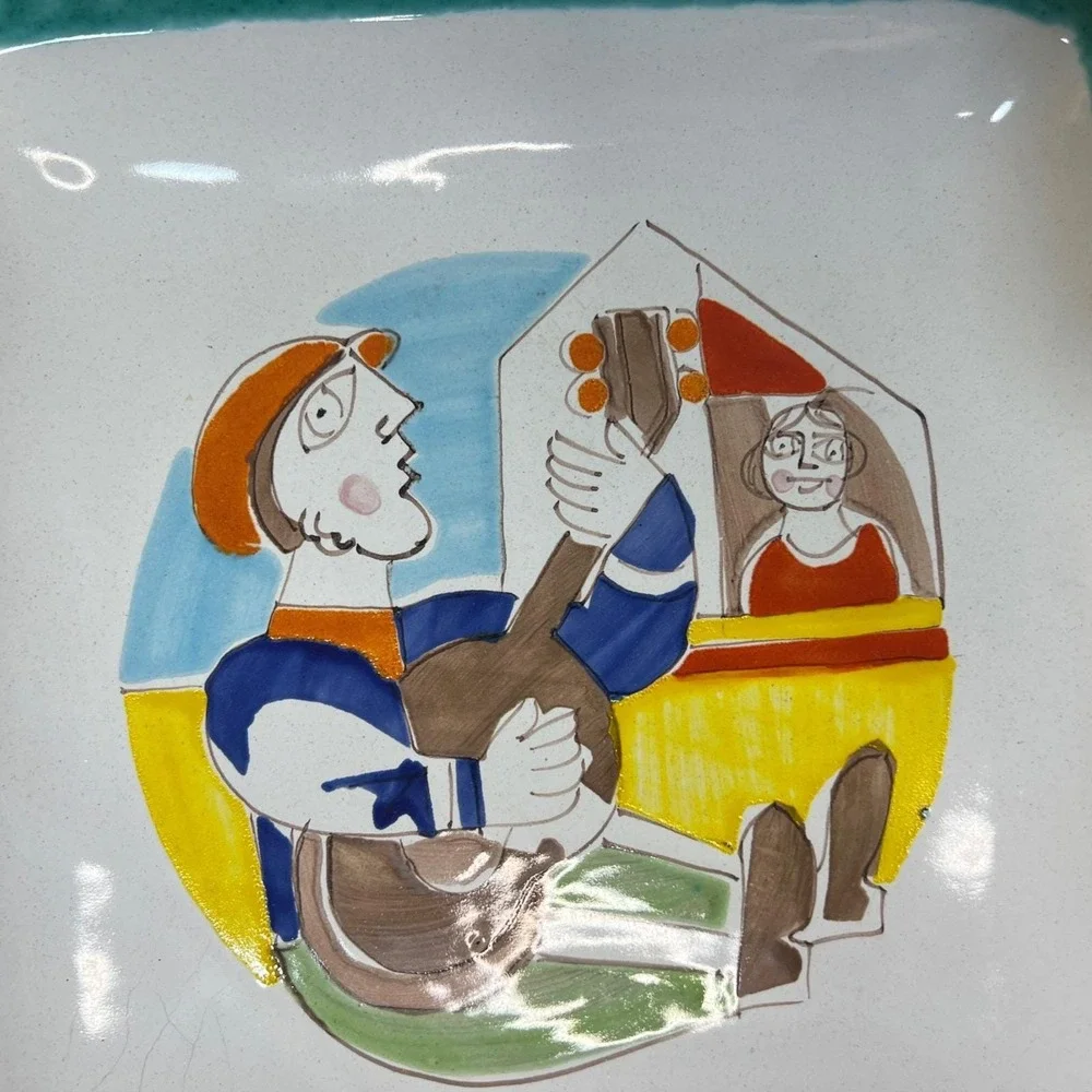 De Simone Italy Pottery Square Plate Hand Painted Musician Folk Art Ceramic 24